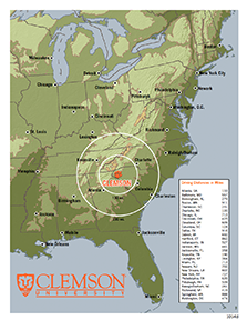 Regional Driving Distance Map to Clemson University